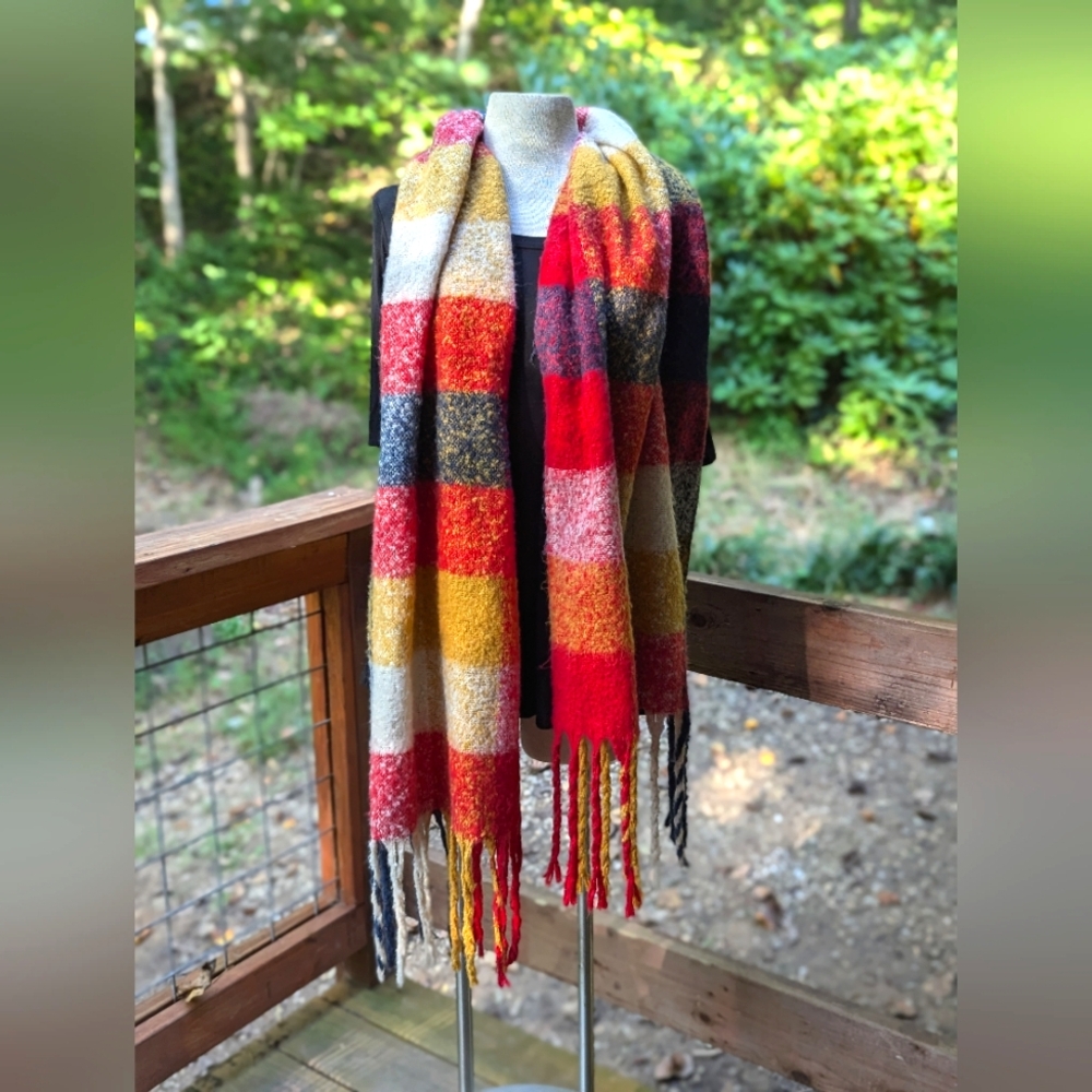 Oversized Plaid Fuzzy Scarf